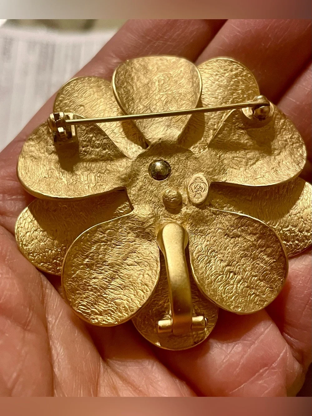 Premier Designs Gold Floral Brooch with Crystal Center